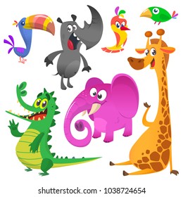 Cartoon animals set. Vector set of animal icons isolated on white. Vector illustration of crocodile, toucan, rhino, giraffe, elephant and hummingbird