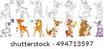 Cartoon animals set. Zebra, butterfly, young deer, giraffe, dragonfly, jumping kangaroo, horse looking in the mirror, boar and acorn, dreamy donkey. Coloring book pages for kids.