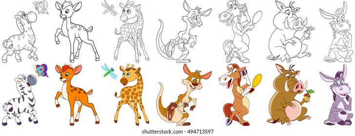 Cartoon animals set. Zebra, butterfly, young deer, giraffe, dragonfly, jumping kangaroo, horse looking in the mirror, boar and acorn, dreamy donkey. Coloring book pages for kids.