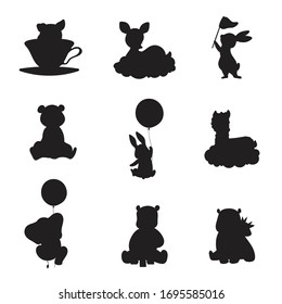 Cartoon animals silhouettes set. Vector illustration isolated on white background.  Black contour pretty characters. Preschool baby handdrawn icons. Elephant,  bear, raccoon, hippo, llama, pig, rabbit