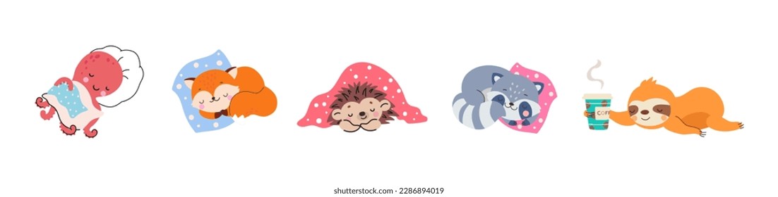 Cartoon animals sleep. Sleeping wild animal, fox and raccoon, octopus and sloth. Cute hedgehog rest, dreaming baby vector characters