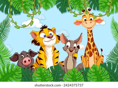 Cartoon animals smiling in a lush jungle setting