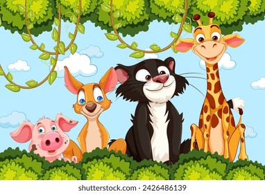 Cartoon animals smiling together in a green forest