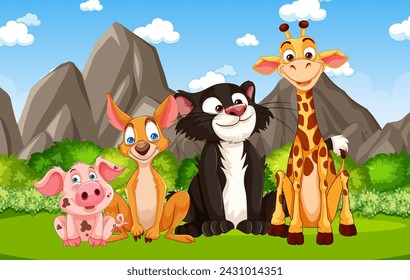 Cartoon animals smiling together in a sunny landscape