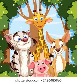 Cartoon animals smiling together in the woods