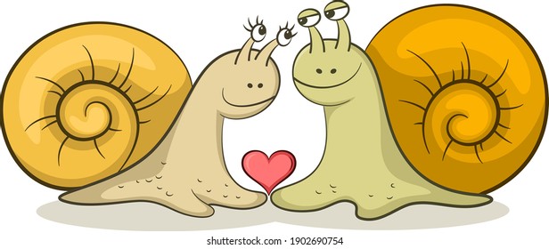 Cartoon Animals, Snails Woman and a Man, Lovers with Valentine Holiday Heart, Isolated on White Background. Vector