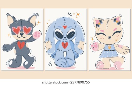 Cartoon animals for St. Valentine's Day on February 14. Romantic Valentines Day set for greeting card or poster. Vector concept.