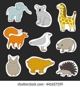 Cartoon animals sticker collection. Cute hand drawn illustration made in vector. Funny animals - fox, giraffe, owl, bear,  seagull, elephant, koala, seagull.