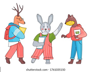 Cartoon animals students back to school. Deer wearing glasses, hoodie and red backpack, notebook. Rabbit with papers waving hand, wearing striped overalls. Stylish otter with notebook. Study concept