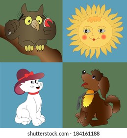Cartoon animals and sun
