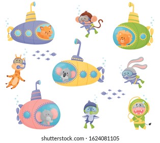 Cartoon Animals Swimming Under Water on Submarine and Wearing Diving Suit Vector Illustrations Set