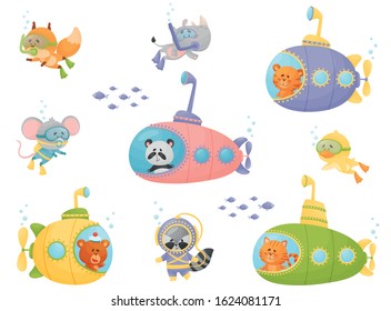 Cartoon Animals Swimming Under Water on Submarine and Wearing Diving Suit Vector Illustrations Set