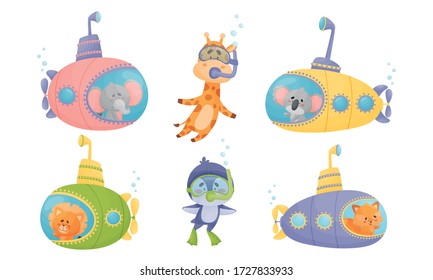 Cartoon Animals Swimming Under Water on Submarine and Wearing Diving Suit Vector Illustrations Set