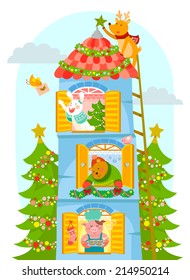 cartoon animals in a tall house getting ready for Christmas