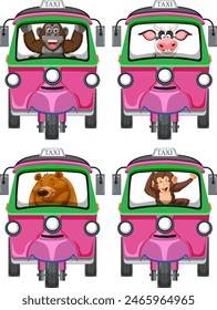 Cartoon animals in taxis, cheerful and colorful