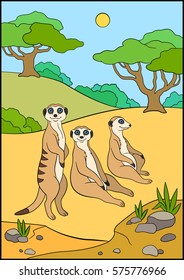 Cartoon animals. Three meerkats stand, sit and smile on the sand.