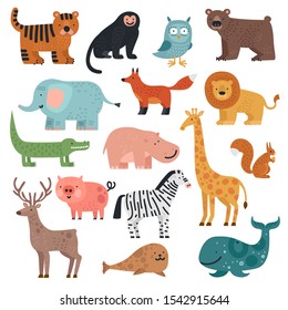 Cartoon animals. Tiger, monkey and bear, elephant and lion, crocodile and deer, hare forest and tropical cute animal vector set