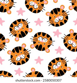 Cartoon animals tigers seamless pattern for baby product design. Cute striped black red African wild big cats. Tiger cub heads on white background. Animalistic fabric print for kids wear, baby textile