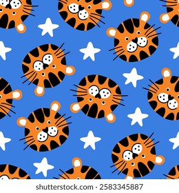 Cartoon animals tigers seamless pattern for baby product design. Cute striped black red African wild big cats. Tiger cub heads on blue background. Animalistic fabric print for kids wear, baby textile.