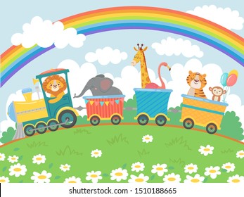Cartoon animals travel. Zoo train, cute animal trains journey and funny pets traveling on locomotive. Train transportation, lion, giraffe and monkey character traveler vector background illustration