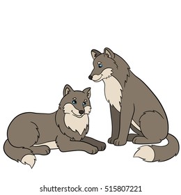 Cartoon animals. Two beautiful cute wolves smile.