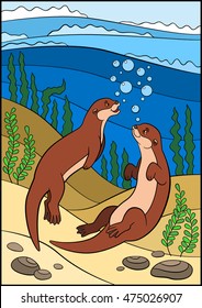 Cartoon animals. Two little cute otters swim in the river and smile.