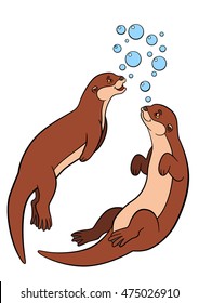 Cartoon animals. Two little cute otters swim and smile.