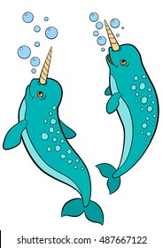 Cartoon animals. Two little cute narwhals swim and smile.