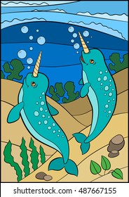 Cartoon animals. Two little cute narwhals swim underwater and smiles.