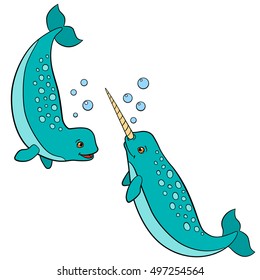 Cartoon animals. Two little cute narwhals swim and smile.