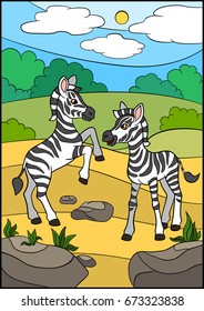 Cartoon animals. Two little cute baby zebras play and smile.