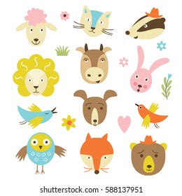 cartoon animals, vector set on a white background