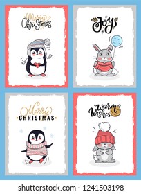 Cartoon animals in warm cloth depicted on Merry Christmas cards. Vector penguin in the knitted sweater. Clipart of calligraphy lettering greeting.