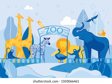 Cartoon Animals Welcome Visitors at Zoo Gate Entrance Vector Illustration. Enter Park Road Path. Giraffe, Elephant, Parrot, Monkey, Lion, Zebra, Fence Wall. Weekend Family Visit. Nature Wildlife