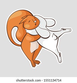 Cartoon animals. White hare hugs the orange squirrel. Vector sticker 