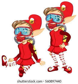 Cartoon animated boy leprechaun in the equipment of the diver isolated on a white background. Mask for scuba diving. Vector illustration close-up.