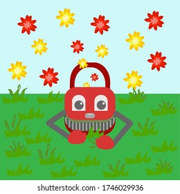 Cartoon, Animated Lawn Mower Ha Green Background With Bright Red Ones. Yellow Flowers.