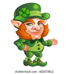 Cartoon animated old men leprechaun isolated on white background. Saint Patrick's Day character leprechaun with green hat, red beard. Vector illustration close-up.