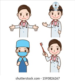 Cartoon and animated touch female doctor illustration. Upper body pose set. Asian, Japanese. A puzzle pose, a pose with a toothbrush, a doctor in a surgical gown, a doctor with a reflector.