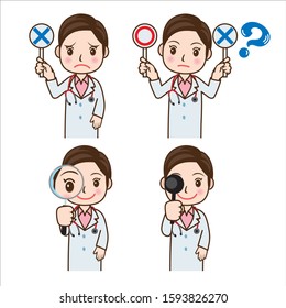 Cartoon and animated touch female doctor illustration. Upper body pose set. Asian, Japanese. Posing with a Marubat stick, eye test, and magnifying glass.