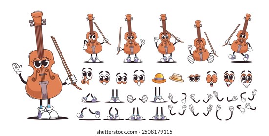 Cartoon Animated Violin with Bow. Musical Instrument Character with Different Emotions And Gestures, Complete With Props
