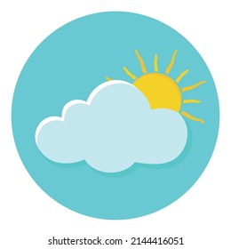 Cartoon Animated Weather Web Icon Clipart With Sun Behind Cloud Over Blue Sky Round Vector Illustration Design
