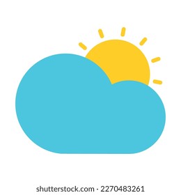 Cartoon animated weather web icon clipart with sun behind cloud over blue sky round vector illustration design