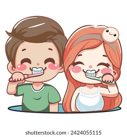 animación de dibujos animados de una pareja linda que se lava los dientes juntos