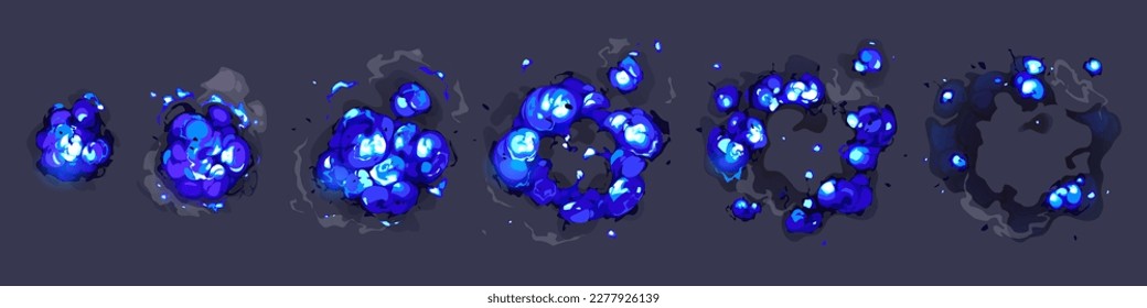 Cartoon animation set of blue explosion and smoke clouds top view isolated on black background. Vector illustration of boom effect, bomb blast trail with dust, gas. War game design elements