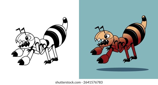 Cartoon or anime Ant Monster, kids coloring book. Coloring book with cute cartoon or anime pictures. Vector illustration with colored background.