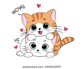 cartoon anime characters cute cats in spring photos, happy adorable, animals, kittens, pets, graphics, cats, vector, friendship, art