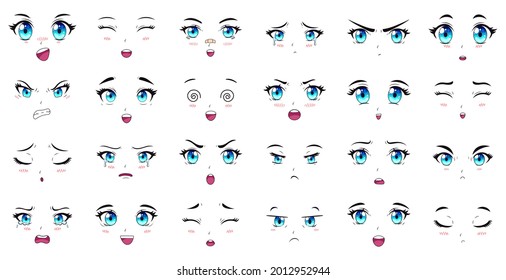 Cartoon Anime Characters Eyes, Eyebrows And Mouth Expressions. Manga Female Characters Faces Vector Illustration Set. Anime Manga Girls Expressions Characters, Cartoon Face Emotion