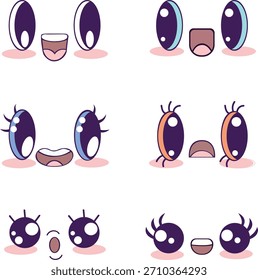 Dibujos animados Anime Expresión Ojos Vector plano Personaje Chibi Art.