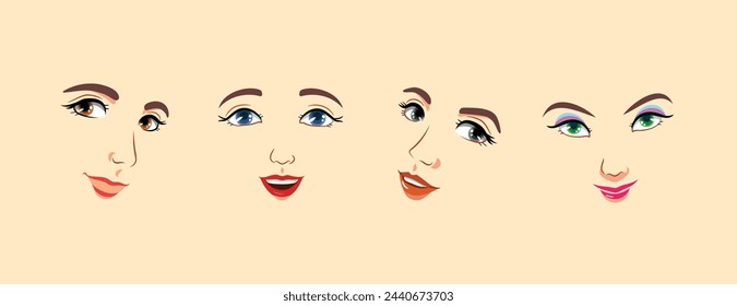 Cartoon, anime faces at various angles. Positive smiling women. Types of temper, expressions